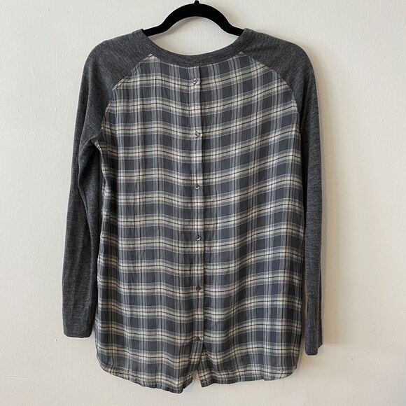 Ann Taylor Loft High Low Medium Gray Top Gray Blue & Cream Plaid Button Down XSP - Picture 1 of 11